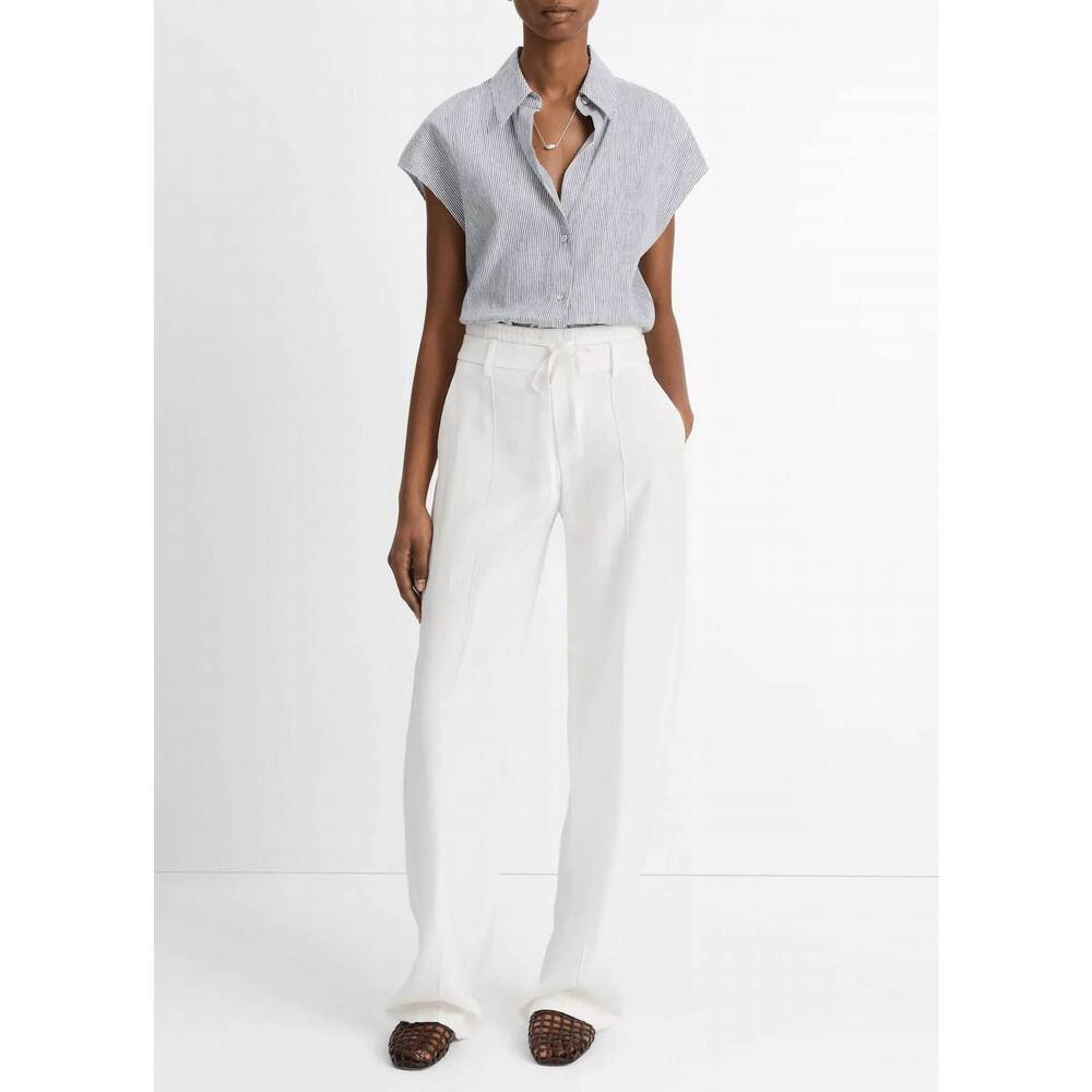 NEW VINCE ticking stripe linen-cotton cap sleeve blouse in iris slate / off-whit - Picture 5 of 5